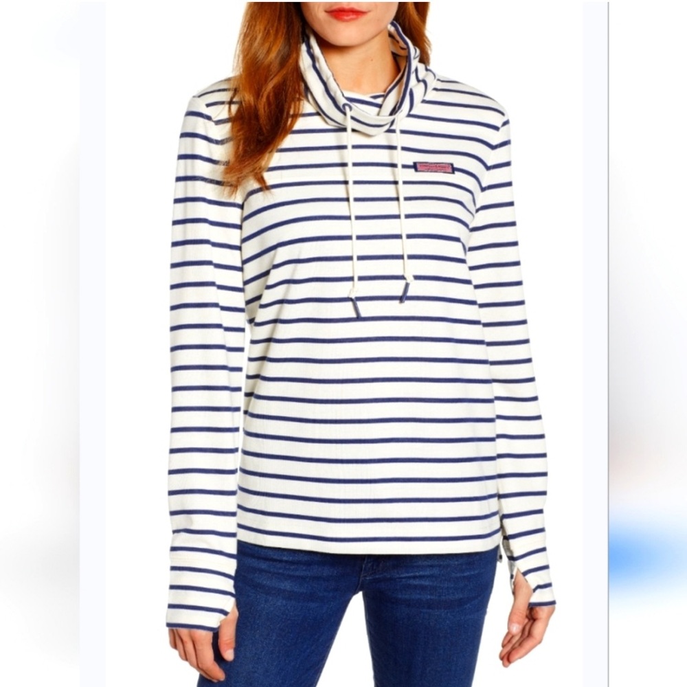 Vineyard Vines Navy and White Striped Turtleneck Sweatshirt Sz Small